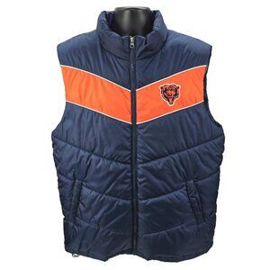 Chicago Bears Puffer Vest Men’s Large Full Zip NFL Navy Blue Orange Stripe Lined